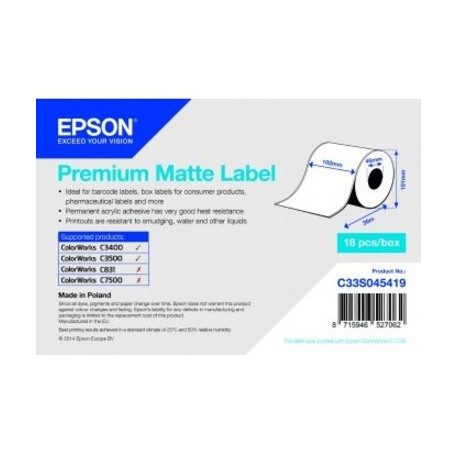  Epson Etiquettes Blanc C33S045727 S045727 Premium Matte Label - Continuous Roll: 105mm x 35m