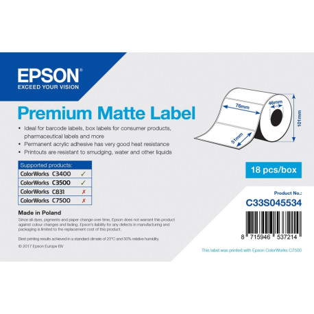 Epson Etiquettes Blanc C33S045534 S045534 Roll: 76mm x 51mm, 650 labels