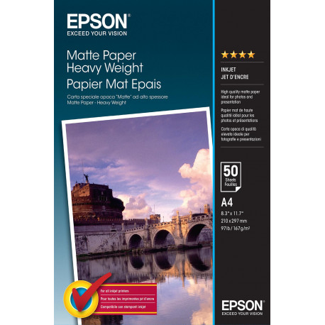  Epson Papier Blanc C13S041256 Matte Paper 50 Blatt Papier Photo, DIN A4, 167 g/m², 50 Feuilles, Papier Matt