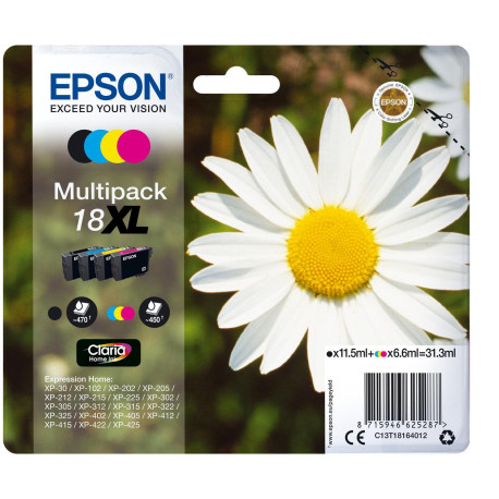  Epson Multipack Noir(e) / Cyan / Magenta / Jaune C13T18164012 18 XL 4 cartouches d'encre XL: T1811 + T1812 + T1813 + T1814