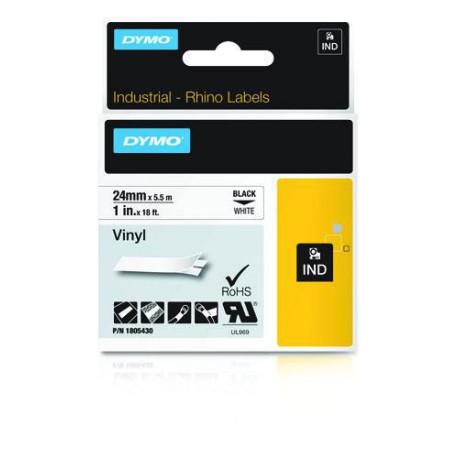  DYMO Ruban Noir sur blanc 1805430 Bande Vinyl, Rhino, IND, 24mm x 5,5m, noir sur blanc